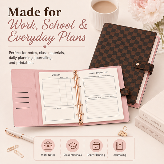 Checkered PU Leather Refillable Journal, 1-Inch 3-Ring Binder, Letter Size 8.5" x 11", Includes 100 Sheets